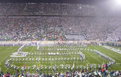 The MSU Spartan Marching Band downfield drill.